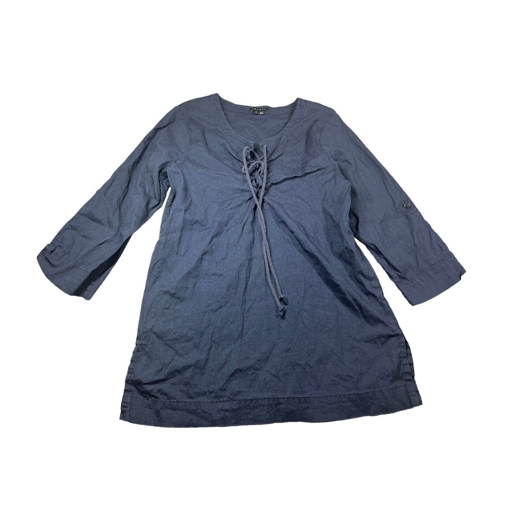 Theory Linen Blend Lace Up Tunic Top Lace Up Neckline Roll Tab Sleeves Navy Sz L
